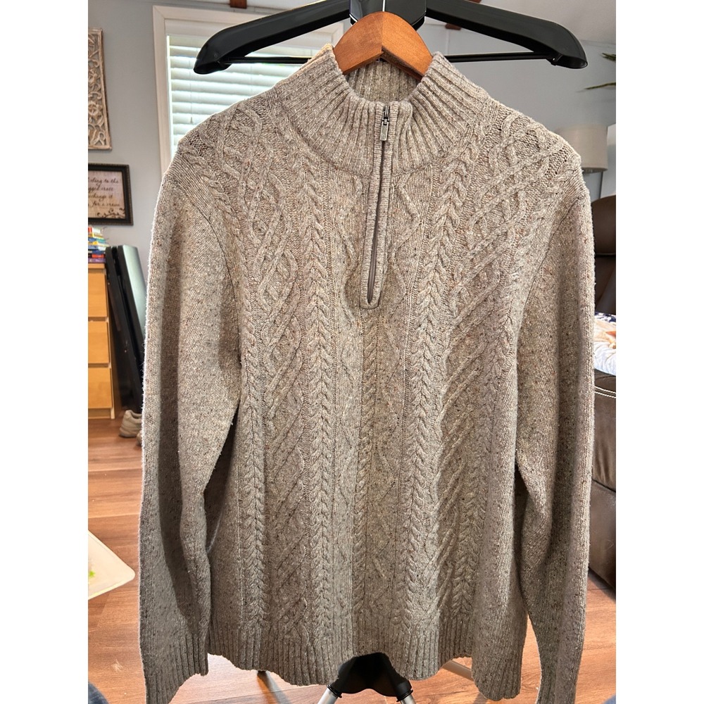 JOHNS‎ MURPHY Mens Cable Quarter Zip Sweater Tan Brown Elbow Patch lambs wool